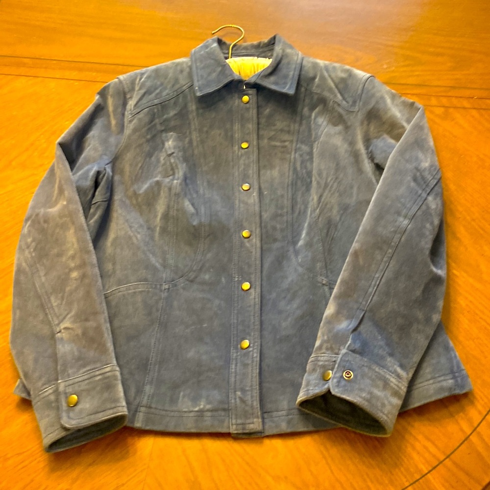 Steel blue snap front suede leather jacket by coldwater creek size large